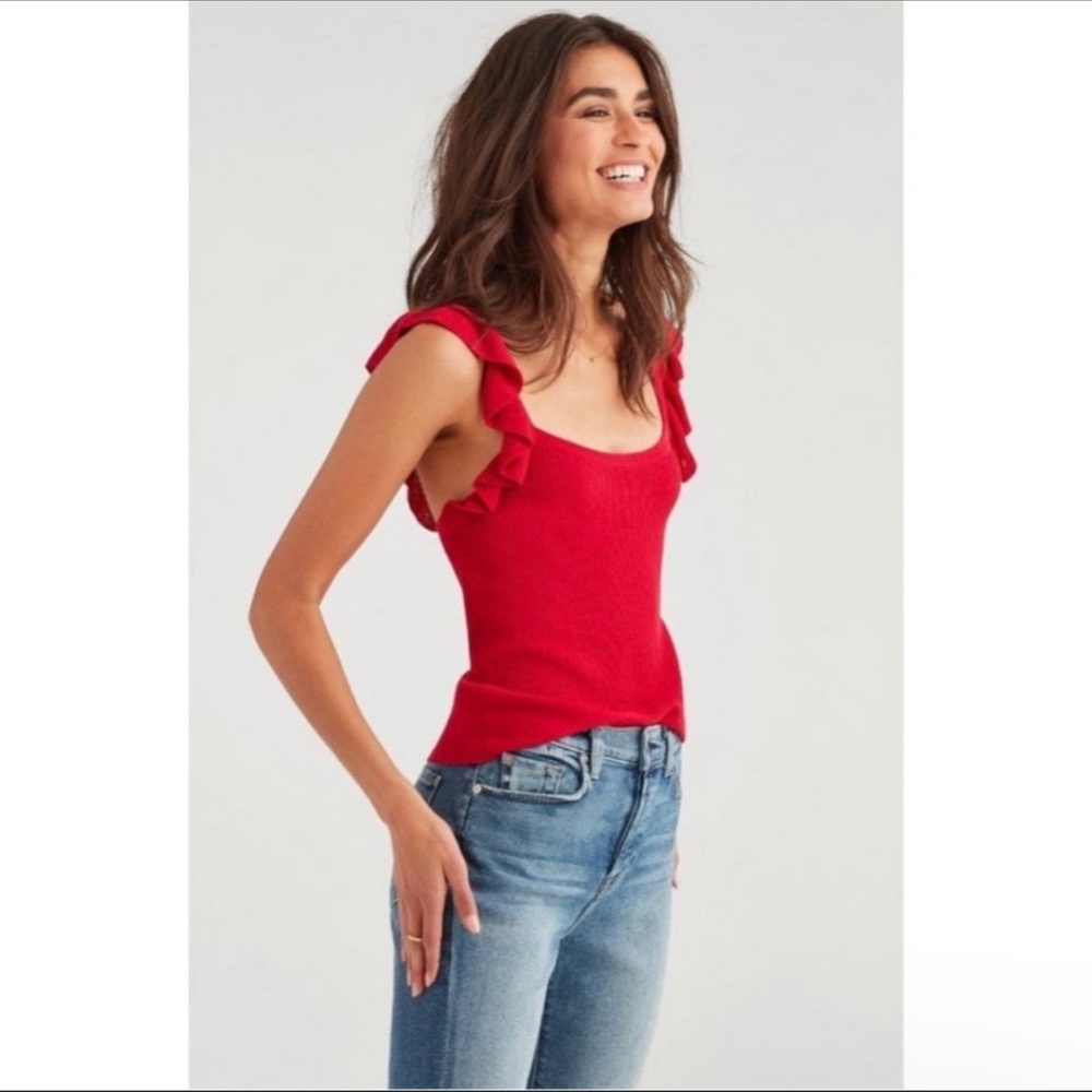 7 For All Mankind Ruffle Strap Tank in Red